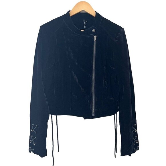 San Joy Western Moto Crop Jacket Black Velvet Size L NWT Braided String - Picture 1 of 16